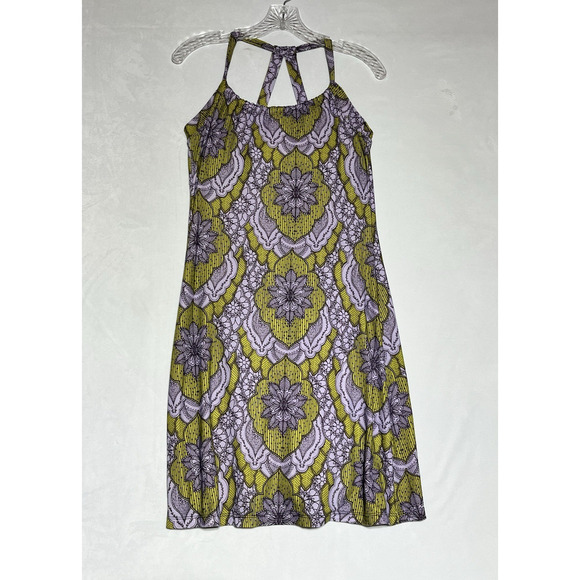 Prana Breathe Lotus Flower Print Dress Small Purple Green Athletic Sundress - Picture 1 of 12